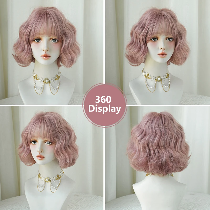 7JHH WIGS Lolita Wig Synthetic Short Wavy Pink Bob Wig for Sweet Girl High Density Loose Costume Wigs with Fluffy Bangs Glueless