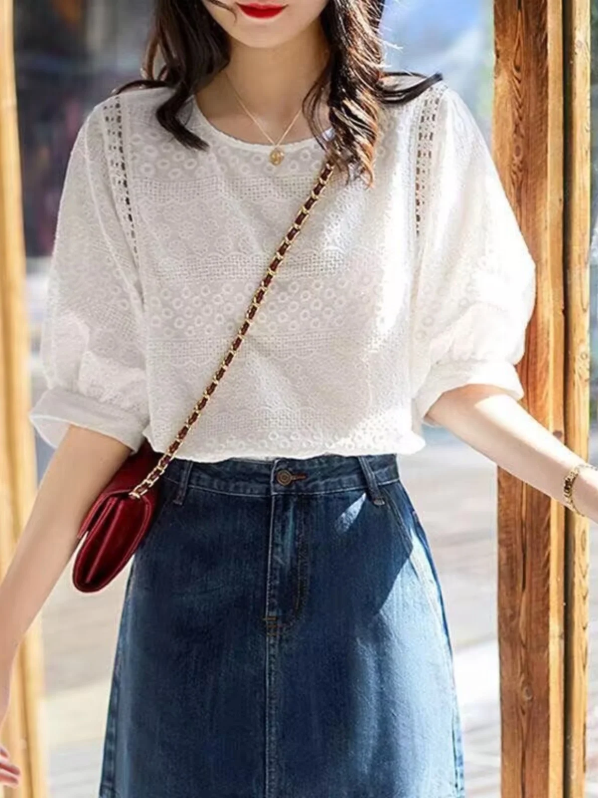 

Ele Hollow out Lantern Sve Lace irt Women's Summer New Simple Embroidered White T-irt ort Sve Top Sweet Sle...