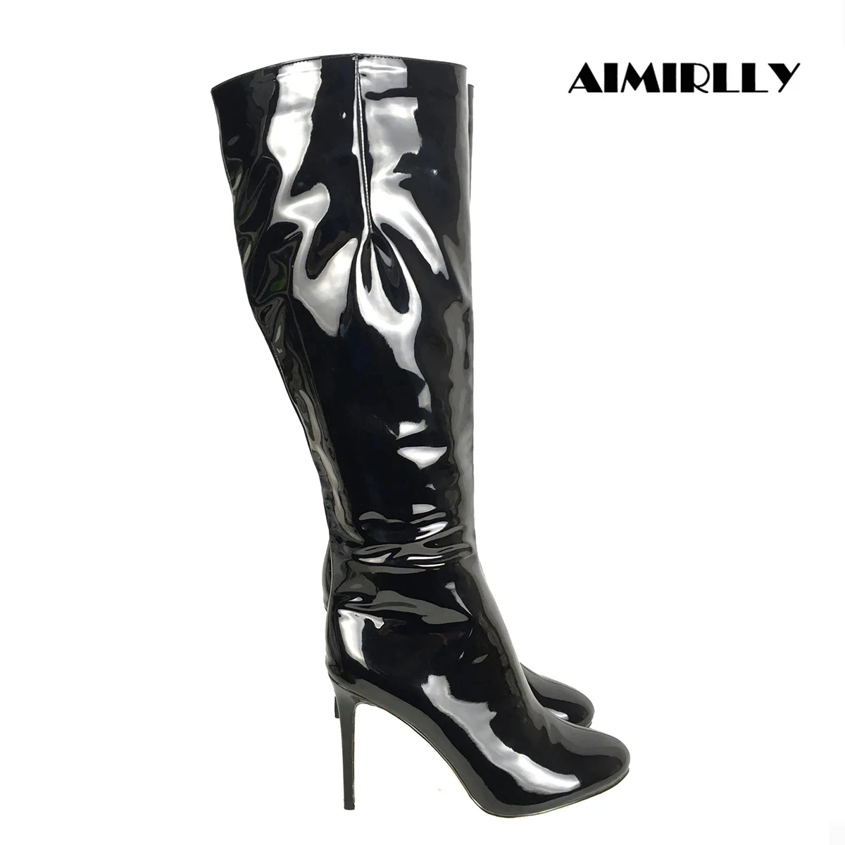 Fashion Women's Knee Boots Round Toe High Heels Stilettos Shoes Full Zipper in Black Patent Ladies Footwear Support Customized