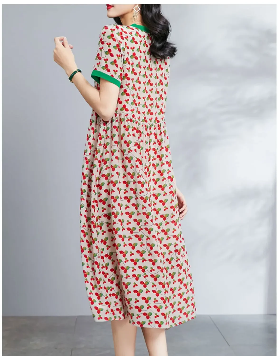 Fashion Fresh Summer New Printing Middle Age Women 2024 Loose Floral Large Size Round Neck Short Sleeved Over the Knee Dress