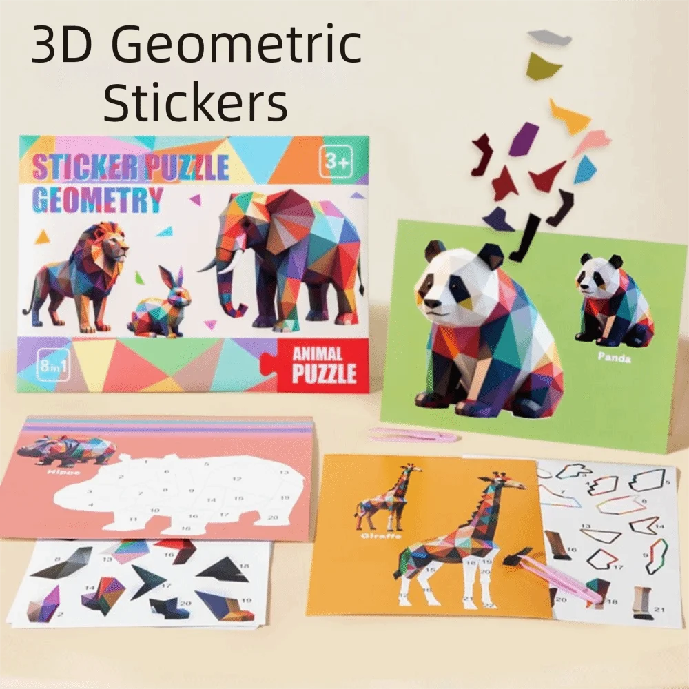Livros de Adesivos Geométricos 3D de Papel, Brinquedos Educativos Feitos à Mão, Kit de Material DIY para Colar, Livro de Adesivos de Animais Montessori