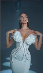 White Strapless Flower Appliques Sexy Diamond Bodycon Bandage Mermaid Dress Sexy Maxi Celebrity Evening Runway Party Club Dress