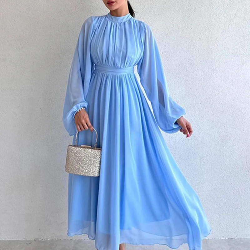 Autumn Women\'s Long Sleeve Solid Color Office Dress Fashion Lady O Neck Casual Maxi Dress 2024 Spring Female Party Chiffon Dress