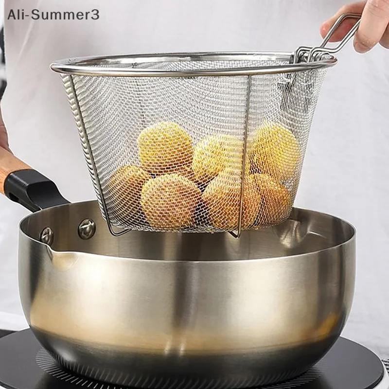 الفرنسية رقاقة القلي مصفاة سلة الفولاذ المقاوم للصدأ سلة القلي العميق المطبخ المقلاة المستديرة شبكة سلكية مع مقبض شبكات مصفاة الأسلاك