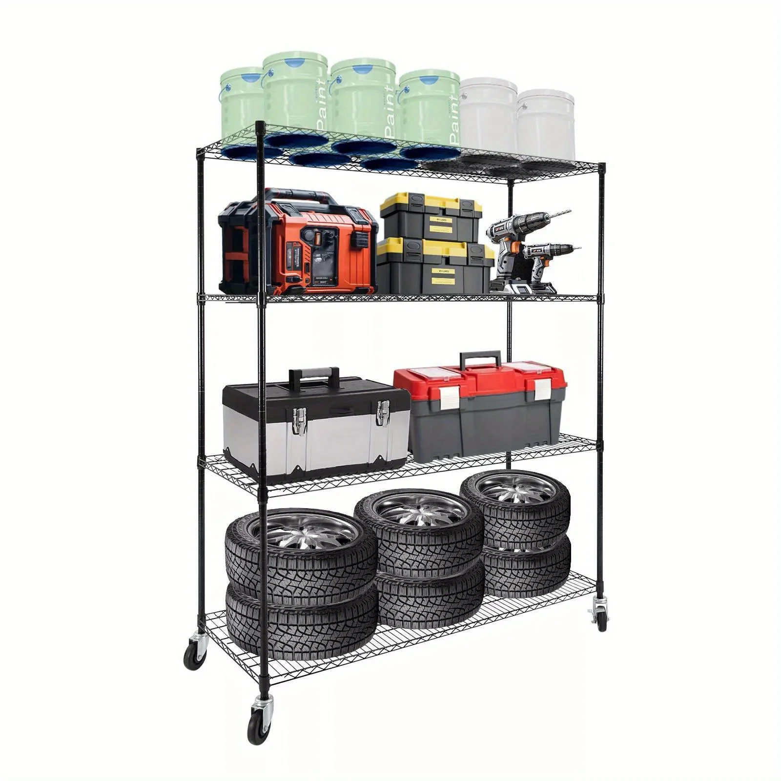 رف خط قابل للتعديل بأربع طبقات مع عجلات، رف تخزين من الفولاذ الكربوني الأسود شديد التحمل، مناسب لمطابخ المرآب