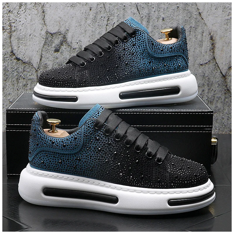 men\'s casual rivet shoes lace-up flat rhinestone shoe party nightclub platform sneakers suede leather personality footwear male