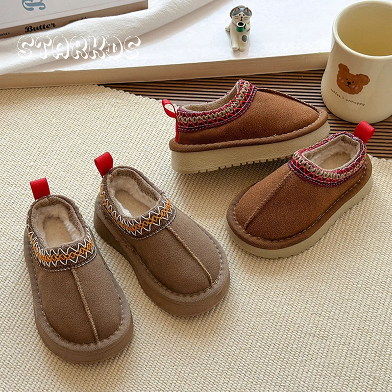 

Platform Short Snow Boots Kids Brand Design Braid Embroidery Fur Loafers Child Girl Winter Thick Sole Slip-on Warm Plush Shoes