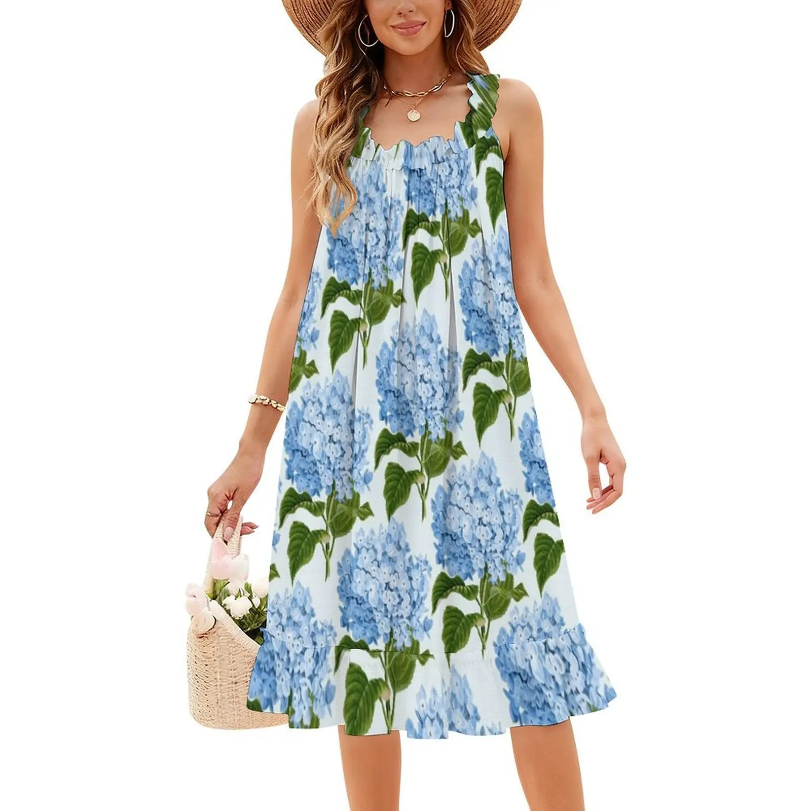 فستان كاجوال على الطراز الكوري مطبوع عليه زهور باللون الأزرق للنساء فساتين مكتب يومية بسيطة للسيدات أزرق أخضر أبيض Hortensia Floral #4