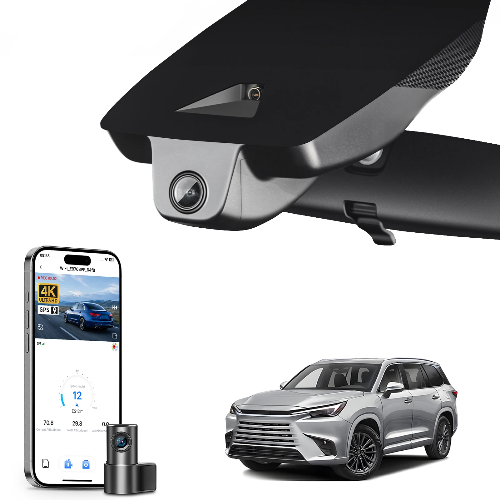Câmera DVR para Carro Mangoal 4K para Lexus TX, Câmera de Painel para Carro 2024-2026 com GPS, WiFi e APP, Visão Noturna, Plug and Play