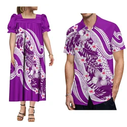 Custom Polynesian Design Micronesian Mumu Square Collar Puffed Dress And Men'S Shirt Aloha Couple Clothing
