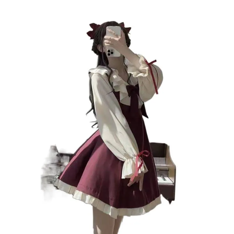 فستان الأميرة لوليتا الياباني الجديد لعام 2025 ملابس الشارع الشهير للنساء أوائل الخريف تصميم حس الفراشة عقدة حزام مع فساتين حزام الخصر