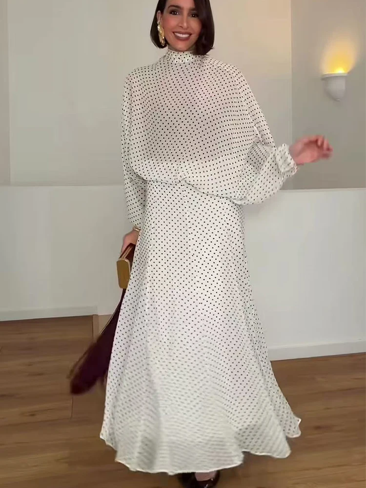2026 New Women Trendy Polka Dot Skirt Set Bow See-Through Bow Loose Shirts Long Skirt Fashion Elegant Casual Spring Summer Set