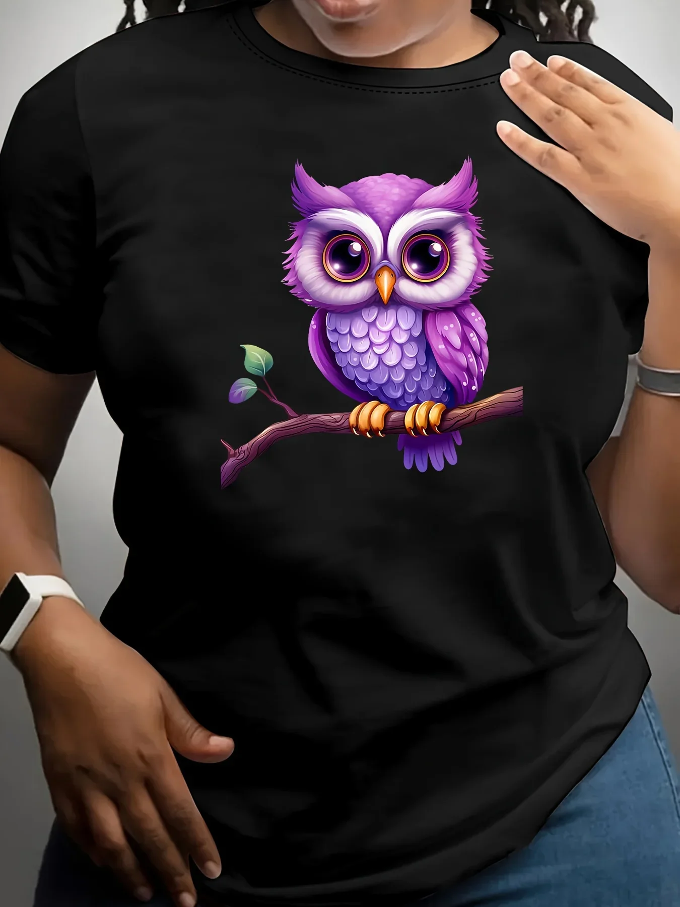 T-Shirt à manches courtes et col ras du cou pour femme, grande taille, imprimé hibou de dessin animé, tissu en Polyester doux et extensible, respirant