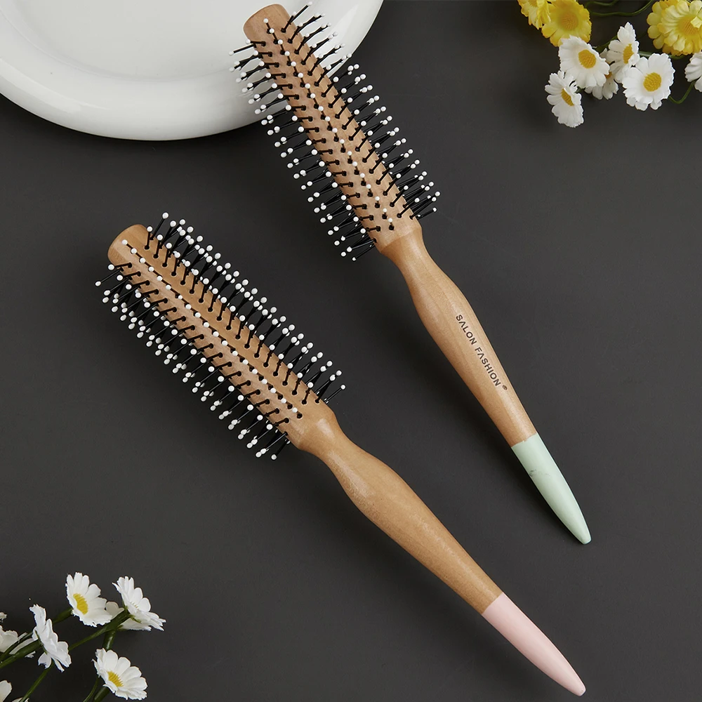Natural Wooden Handle Round Curling Comb Massage Anti Static Hair Brush Gentle Nylon Bristles Curling Roll Hairbrush Baber Shop