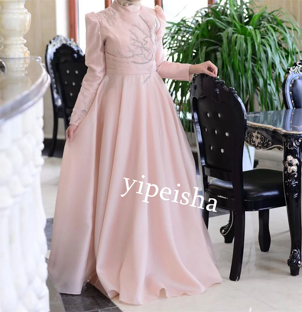 Jiayigong Chiffon Perline Serata formale A-line Collo alto Abito da occasione su misura Abiti midi Arabia Saudita