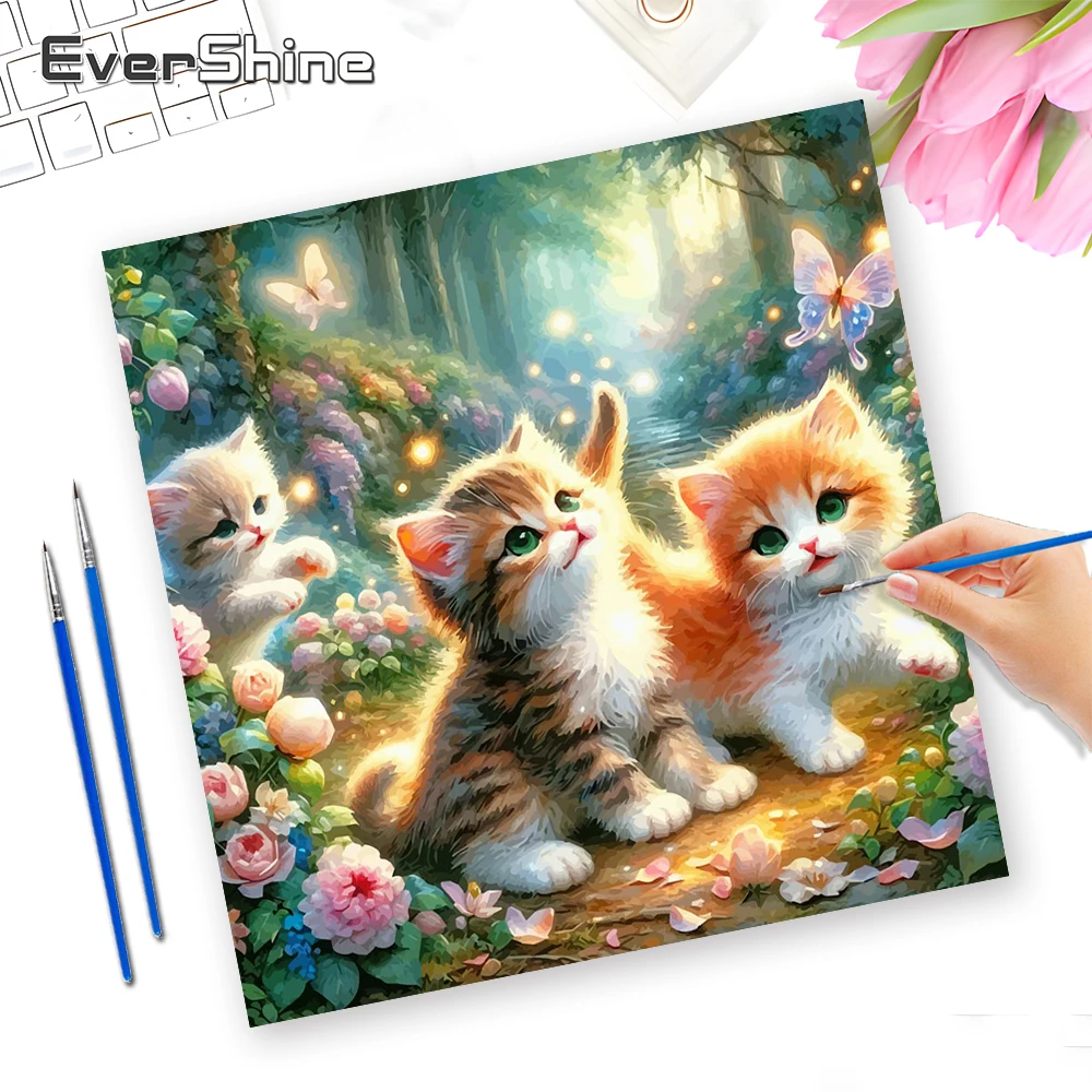 Evershine Digitales Ölgemälde Tier-Malset nach Zahlen Katze Farbenfrohe Leinwand Malen nach Zahlen Blumen Heimdekoration