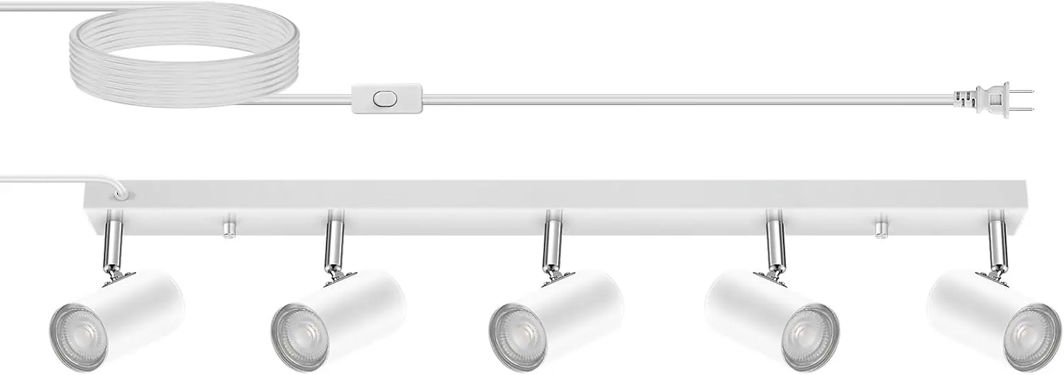 

5-Light Plug-In Track Lighting Kit, White Modern Ceiling Spotlight for Kitchen Living Room Hallway, 15ft Cord