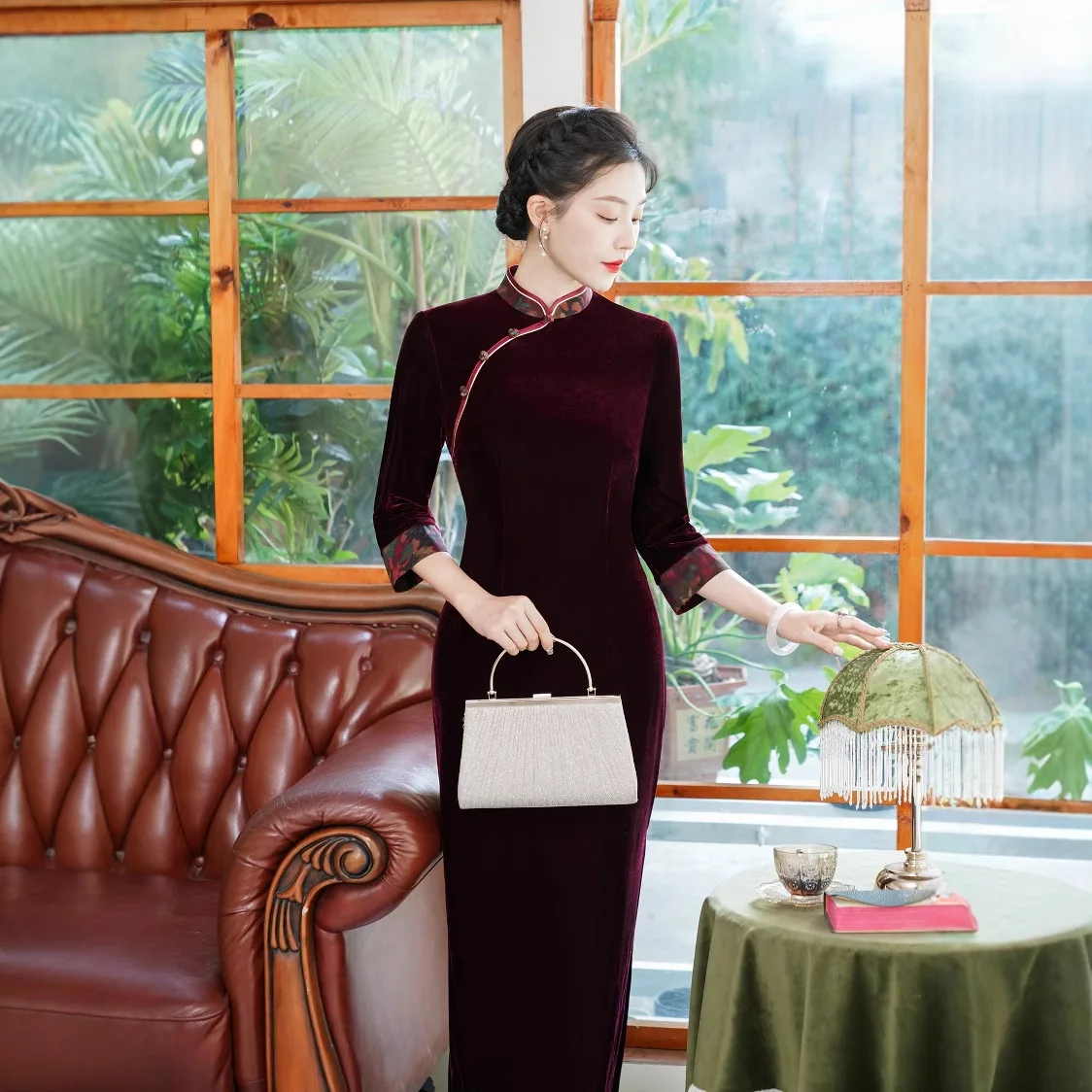 

Традиционное китайское платье Ципао Yourqipao с рукавом до локтя, бархатное, для матери невесты, для гостей на свадьбу, выпускной бал
