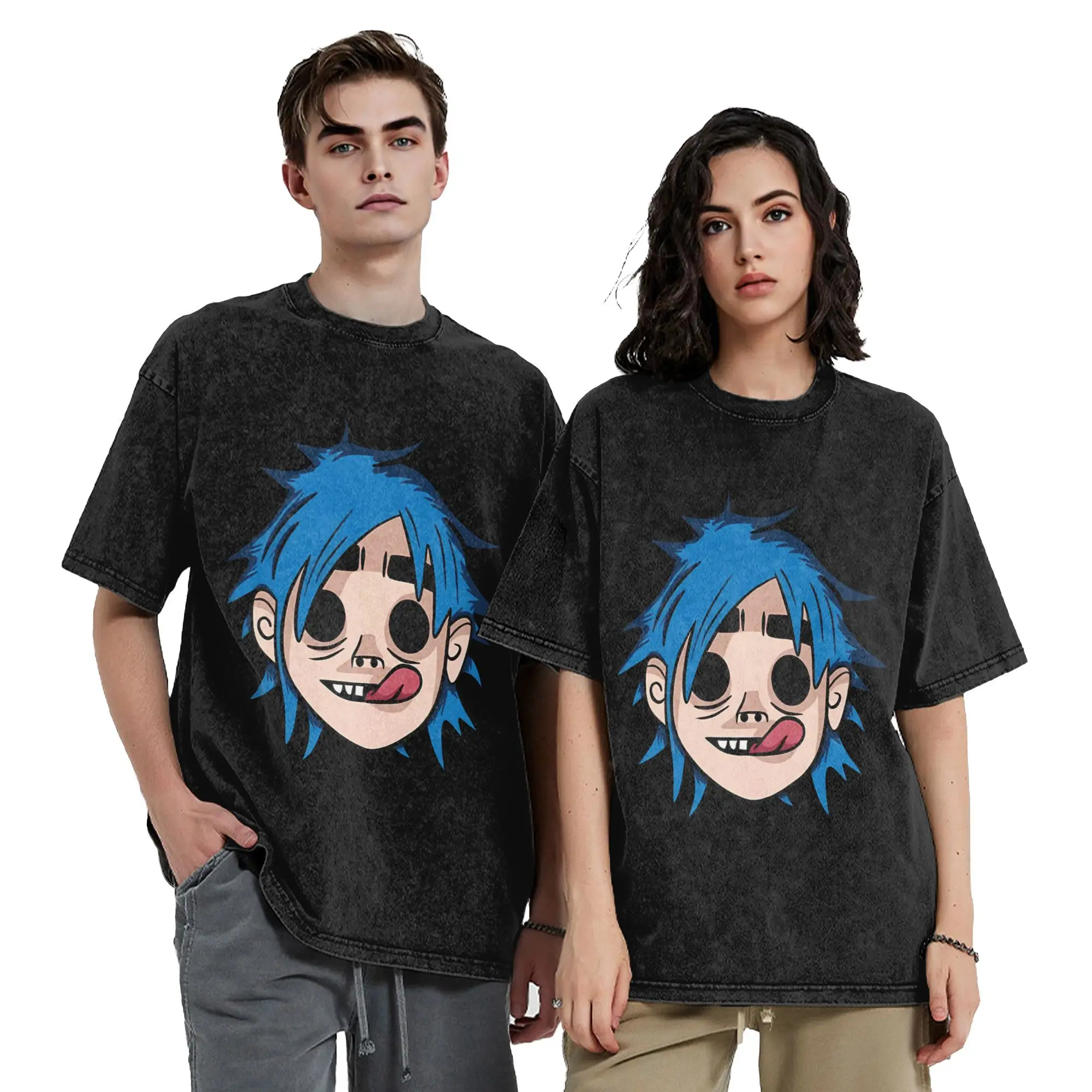 Gorillaz woman Men Cotton Washed Hot stamping Print T-Shirt, Harajuku Cotton Tshirt Men's Summer Short Sleeve Tees