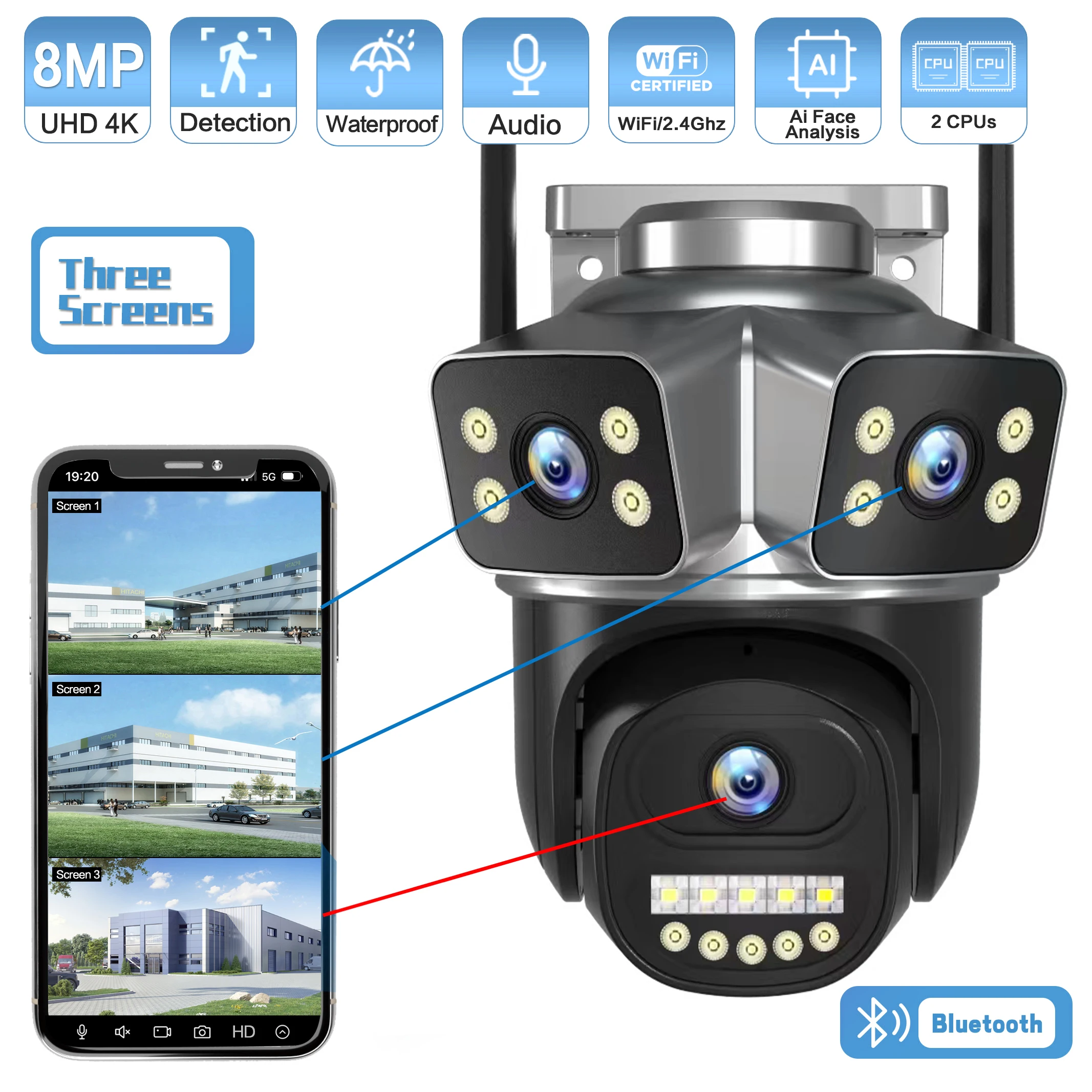 6MP UHD V380pro APP Triple Lens 3 Screen Wireless WIFI/4G  PTZ IP Dome Camera AI Humanoid Detection Home Security Monitor