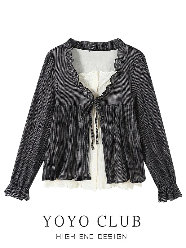 

Korean Sle Heavy Work Design Belted Fake Two-Piece Versatile Age-Defng Cover up Oversized Autumn New Top for Women