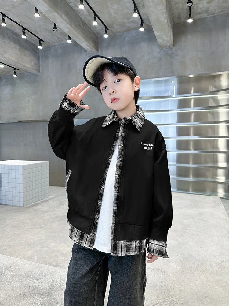 

Boys' Spring Autumn Plaid Baseball Sle Jaet Cool Flip Collar Two-Piece Look Youth Faion Cotton Long Sve Zipper Coat