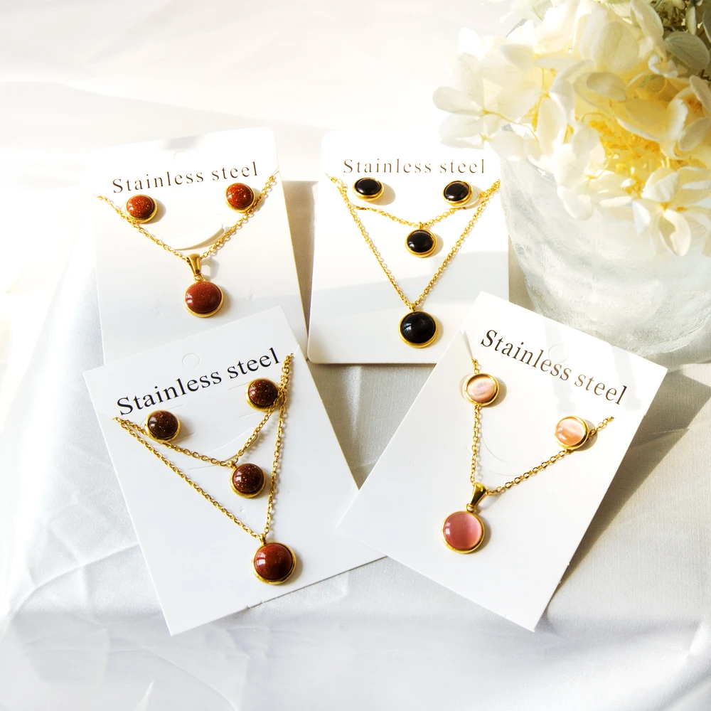 LUXUKISSKIDS Exquisite Round Opal Shell Dubai Jewelry Sets Wedding Bridal Luxury Pendant Necklace Earings Set Fashion Pink Stone