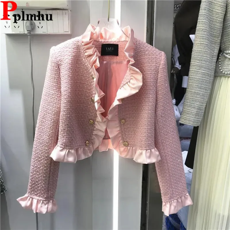 

Ruffles Design Tweed Woolen Short Jackets Elegant Double Breasted Bomber Chaquetas Korean Casual Vestes Women New Ceketler Coat