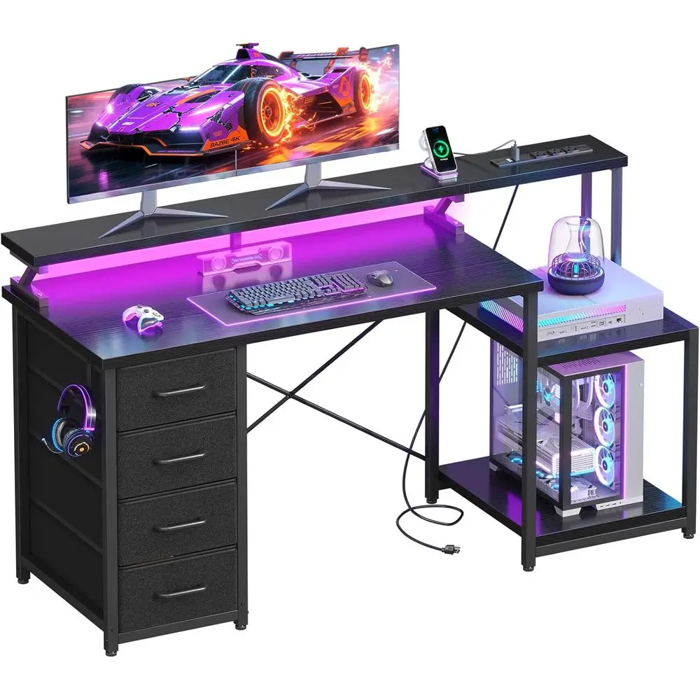 

55 Inch Gaming Desk with Power Outlets, 4 Drawers, Monitor Stand, and Printer Shelves - Black