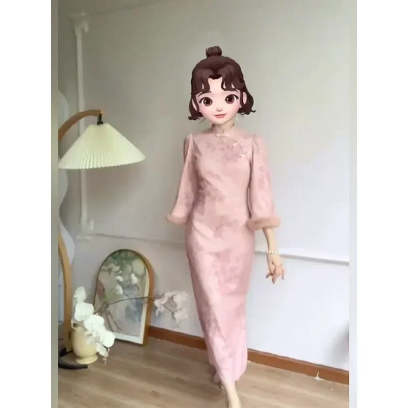 Autumn Winter Chinese Style Pink White Bamboo Printed Warm Cheongsam Dress Women Elegant Party Dress Qipao Plus Size 2xl 3xl 4xl