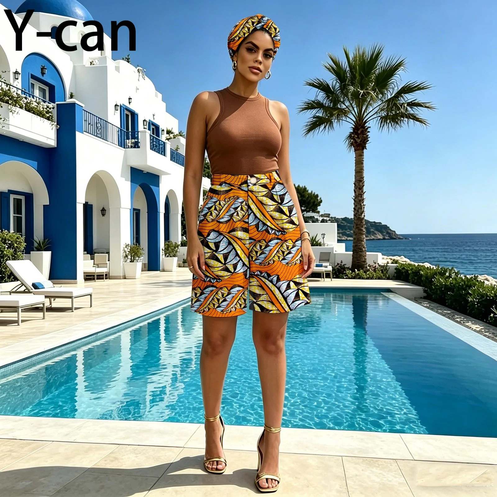 Women African Ankara Print High Waist Shorts Matching Headwrap Dashiki Casual Summer Beach Daily Outfit 2621006 - view 6