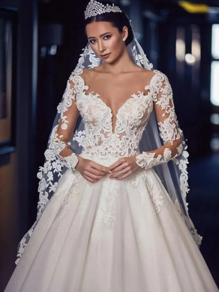 Flavinke ที่กําหนดเอง Chapel A-Line ชุดแต่งงานยาวเสื้อ \ \ \ \ \ \ \ \ \ \ \ \ \ \ \ Appliques LACE-up เจ้าหญิงชุดเจ้าสาว ...