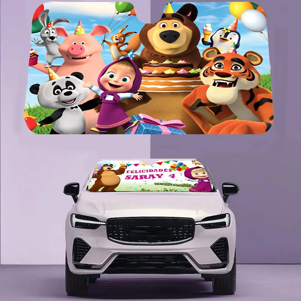 

M-Mashas And Bear Happy Birthday Car Windshield Funny Sun Shade Foldable UV Ray Sun Visor Protector Sunshade For Front Window