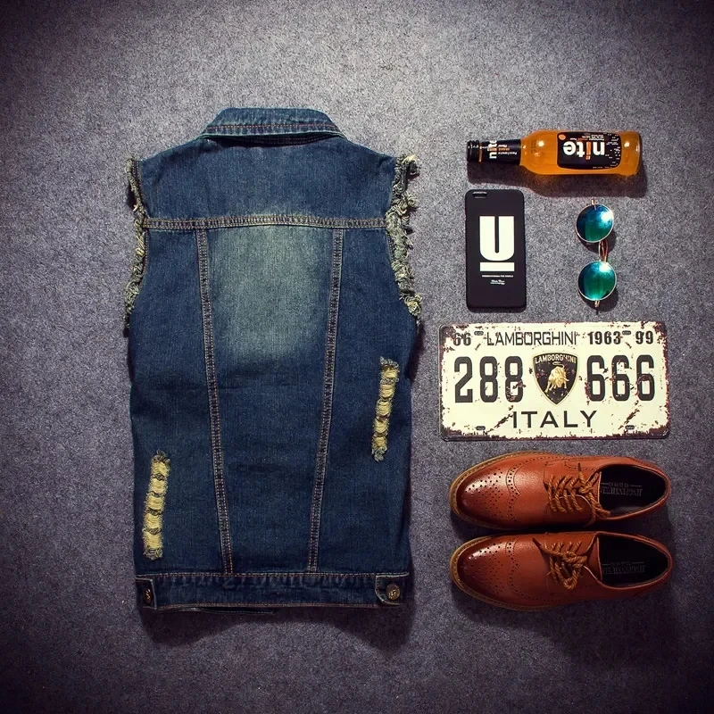 Chaleco de hombre, chaleco de mezclilla, mezclilla rasgada, más chaleco de mezclilla 5XL, chaqueta, chaleco, chaqueta sin mangas para hombre