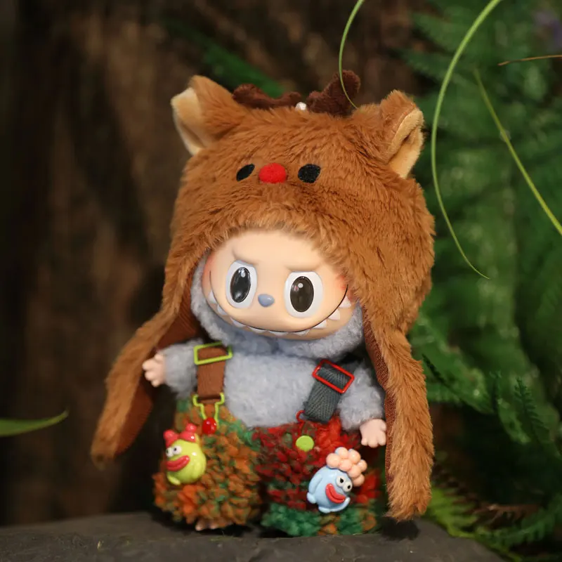 

17cm Labubu Macaroon Jungle Adventurer Set Elk Hat Clothes Only Clothes Kawaii Vinyl Face Doll Clothes Christmas Toy Doll Gift