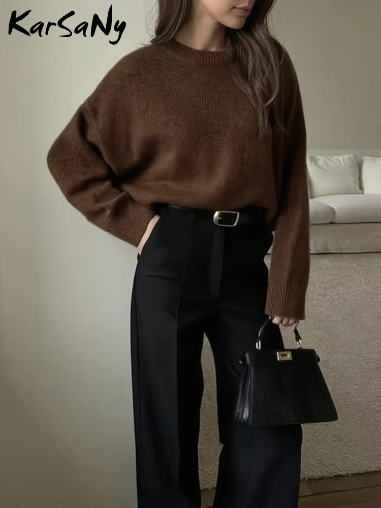 Women's Oversized Black Cropped Knit Sweater for Fall