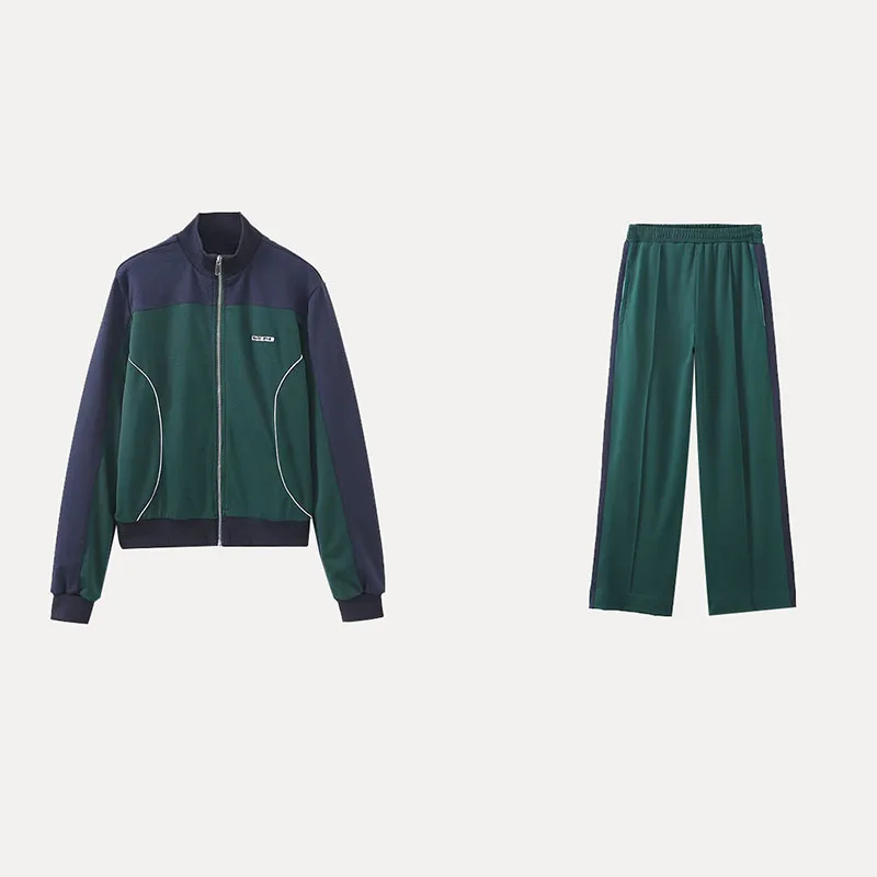 

Весна 202, женский комплект из широких брюк в полоску на молнии с застежкой-молнией, повседневная спортивная одежда, модный наряд из полиэфирного волокна 00%