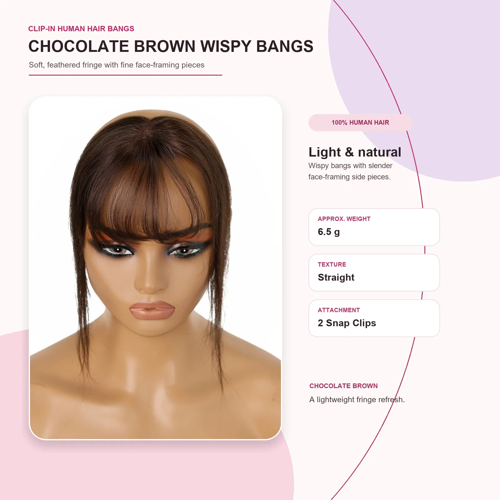 100% Human Hair Clip-In Wispy Bangs Natural-Looking Fringe Hair Extension with Face-Framing Side Pieces for Women