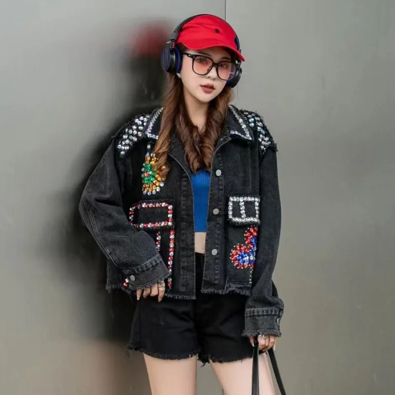 

Thai Trendy Brand 2023 Autumn New Nail Bead Colored Diamond Denim Jacket Women's Loose Foreign Style Heavy Industry Design Top