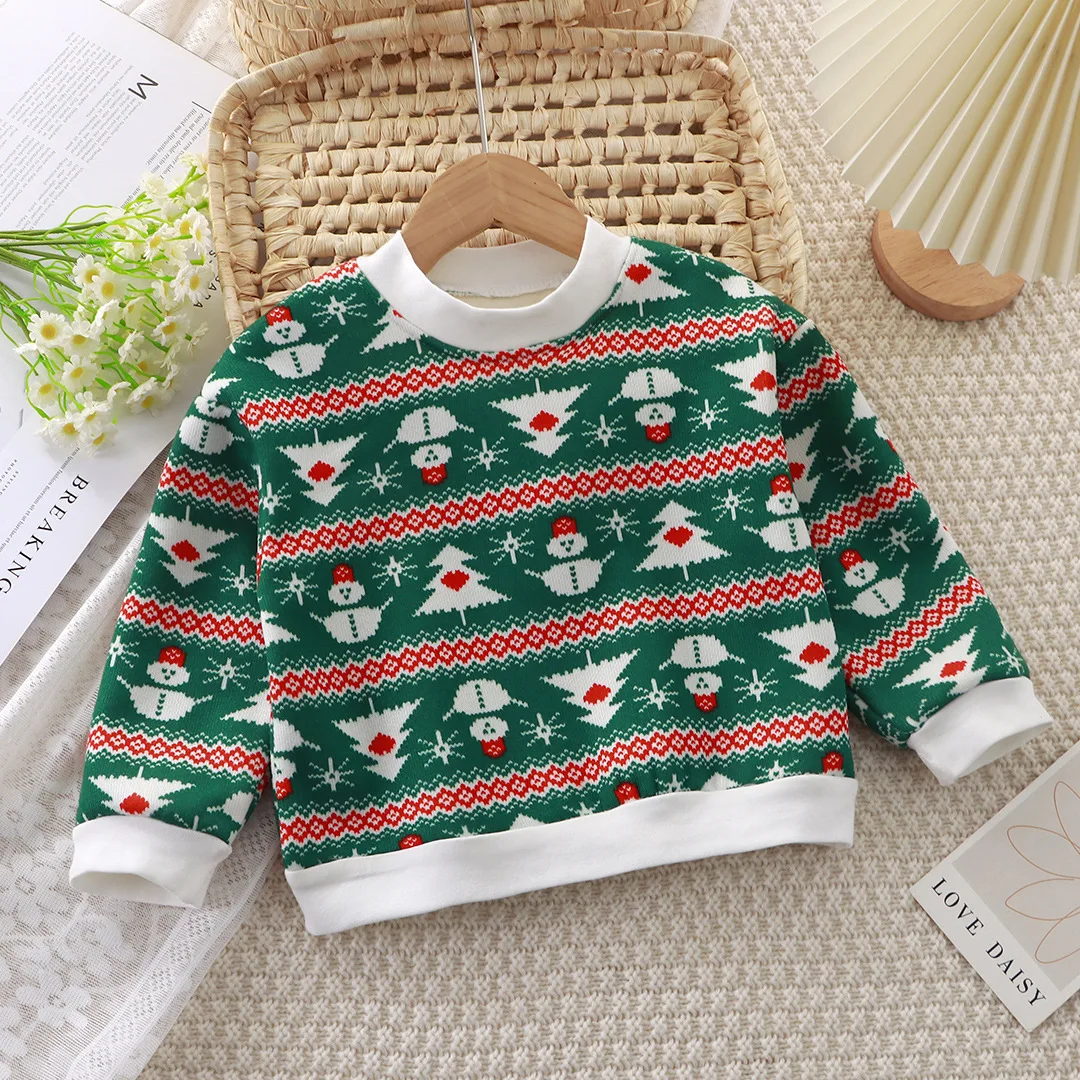 Fleece Lining Warm Winter Cute Baby Girls Boys Christmas Sweatshirts Crew Neck Long Sleeve Pullovers for Fall Kids Fall Tops