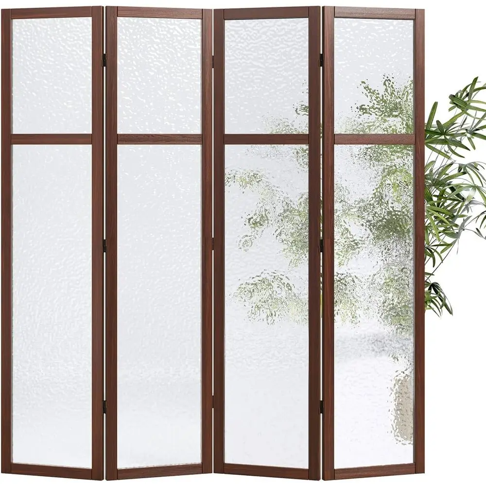 4-Panel Acrylic Folding Room Divider - Walnut, Translucent Privacy Screen for Home or Office
