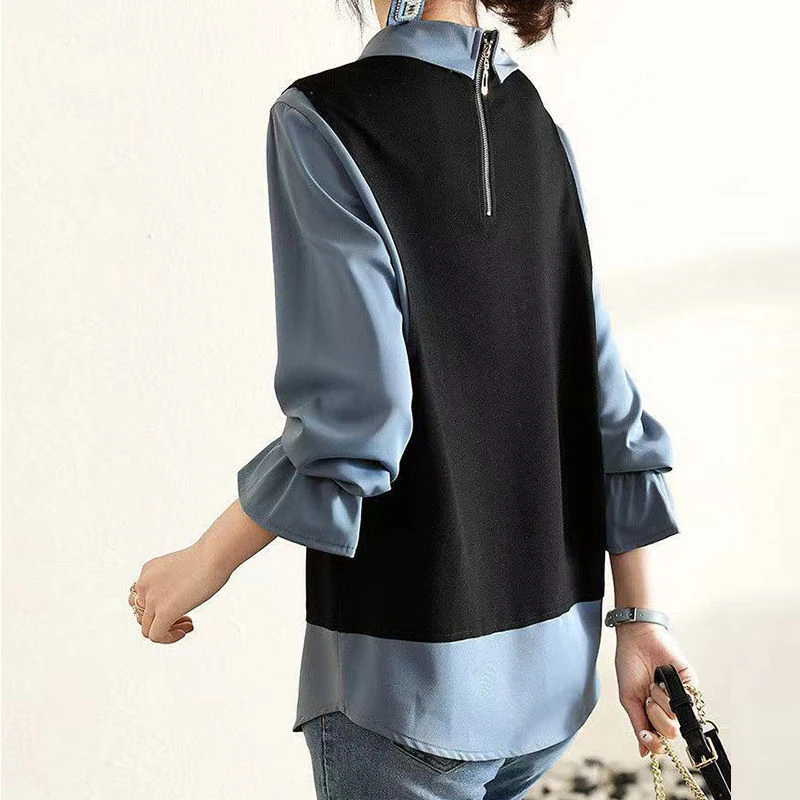 Spring Autumn Korean Style Doll Collar Office Lady Fake Two Piece Elegant Pullover Top Women Long Sleeve Slim Wild Blouse Shirt