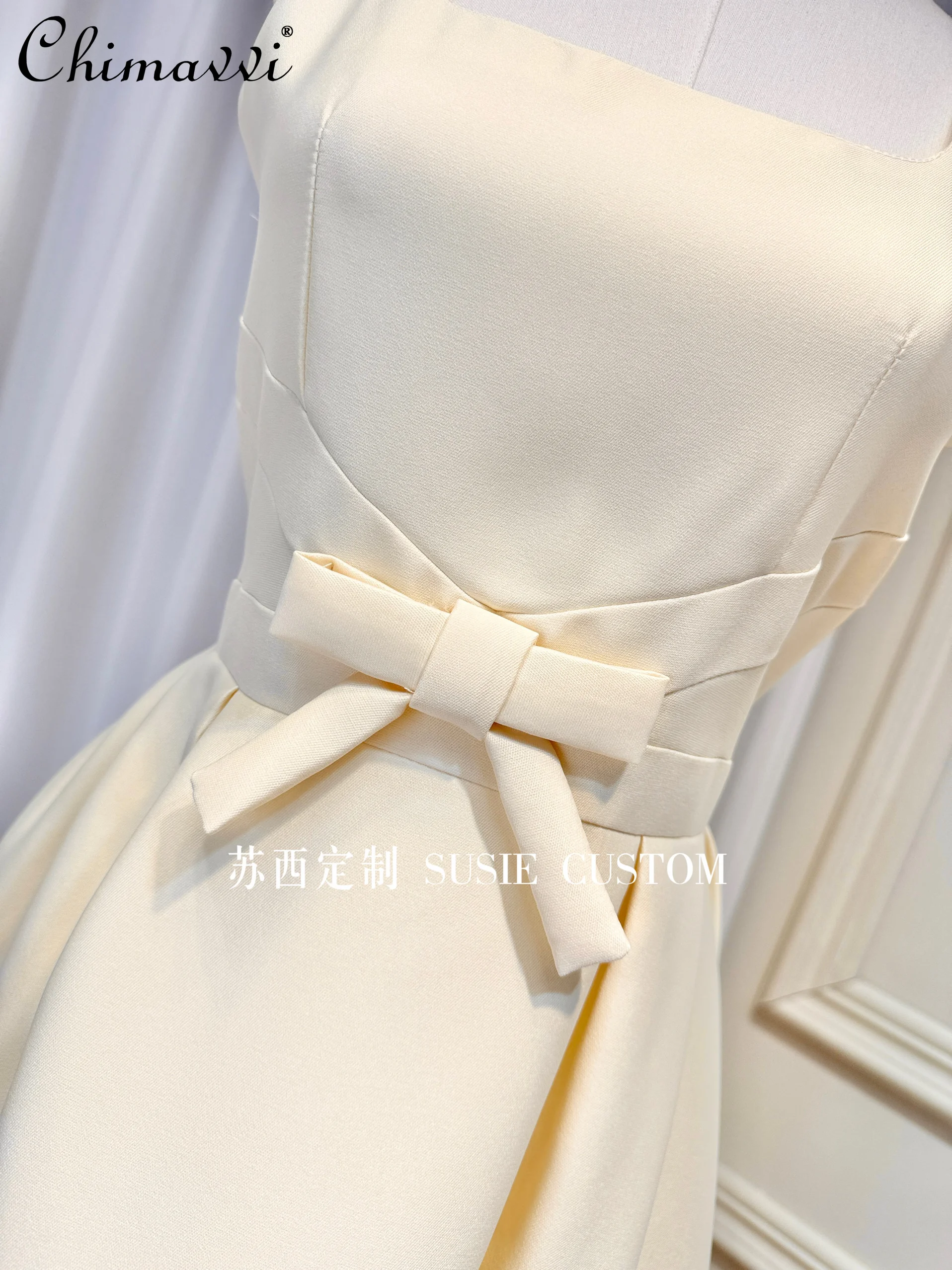 Princesa francesa elegante elegante pescoço quadrado arco cintura alta grande balanço vestido longo verão novo high-end vestido de festa de aniversário feminino