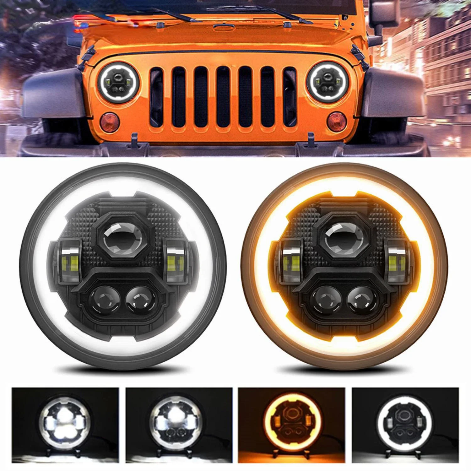 

Firedrake R1 7 Inch LED Round Headlight Gear Angel Eye Wrangler Jeep Off-road Headlight H4 200W 6000K/3500K 30000LM 24V Headlamp