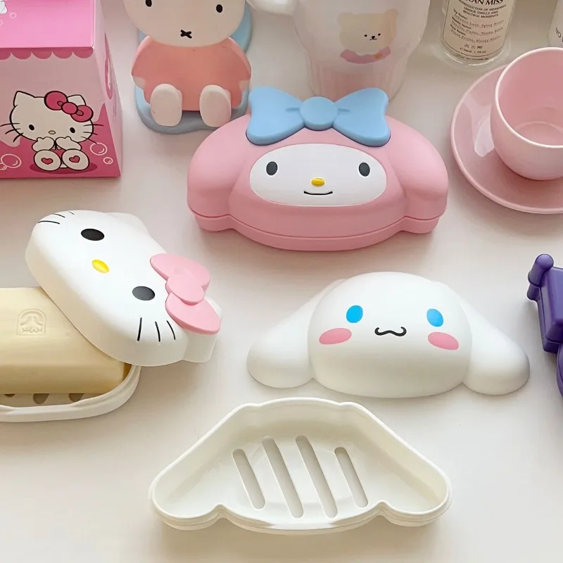 

New Cartoon Sanrio HelloKitty Cinnamon Kulomi Melody Big Head Shape Drain Soap Box Home Dormitory Bathroom Soap Box with Lid