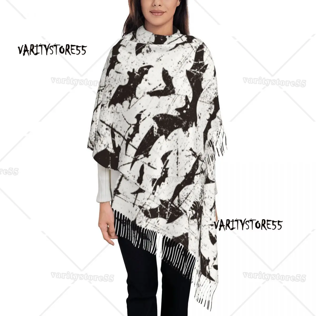 

Halloween Bats Shawl Wraps for Womens Winter Warm Long Soft Scarf Neckerchief Tassel Scarves