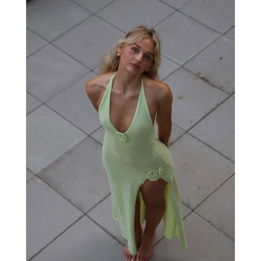 2024 Strand-Vertuschung, gestrickte Tunika, Bikini-Vertuschungen, sexy, durchsichtiges Neckholder-Maxikleid, Damen-Sommerkleid mit Schlitz, Strandmode