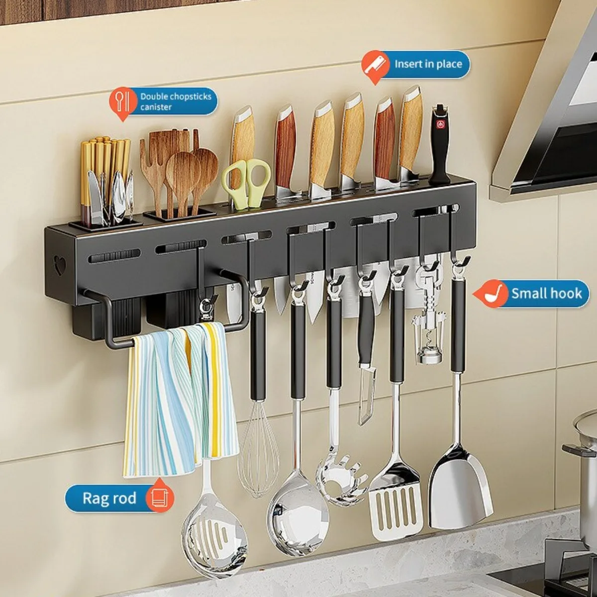 Stainless Steel Wall-mounted Multifunctional Storage Knife Rack with Multiple Brackets and Hooks Stainless Steel Knife Holder