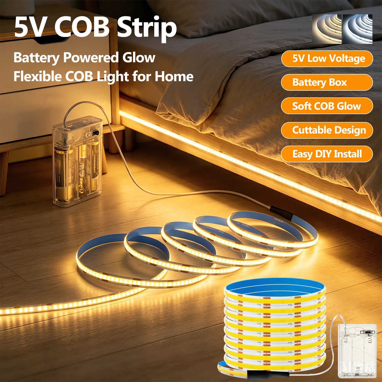 3AA Battery Box COB LED Strip 5V 320LEDs/M 5mm 8mm Width Warm Natural White Blue Red Flexible Adhesive Night Cabinet Light 1M-5M