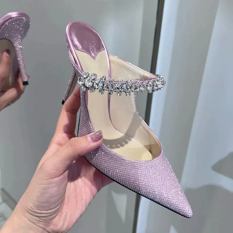 

2026 New Nude Rhinestone Stiletto Heels Sexy Pointed Toe One-Strap Womens Sandals Elegant Demeanor Women's Shoes Sandalias Mujer